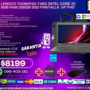 Lenovo thinkpad t450 Intel Core i5 8GB RAM 256GB SSD pantalla  14'' FHD