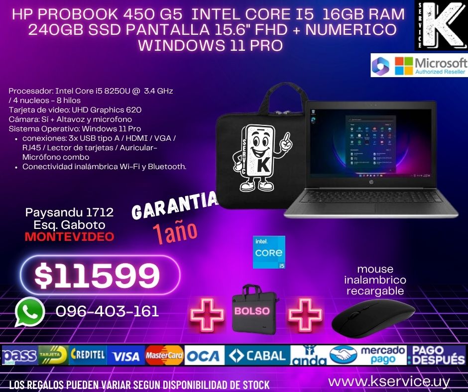 HP ProBook 450 G5 Intel Core i5 16GB RAM 240GB SSD pantalla 15.6" FHD + numerico Windows 11 Pro