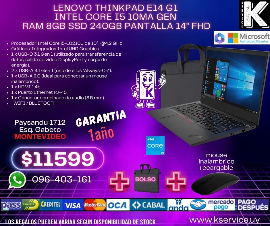 Lenovo THINKPAD e14 G1 INTEL CORE i5 10ma gen RAM 8GB SSD 240GB PANTALLA 14" FHD