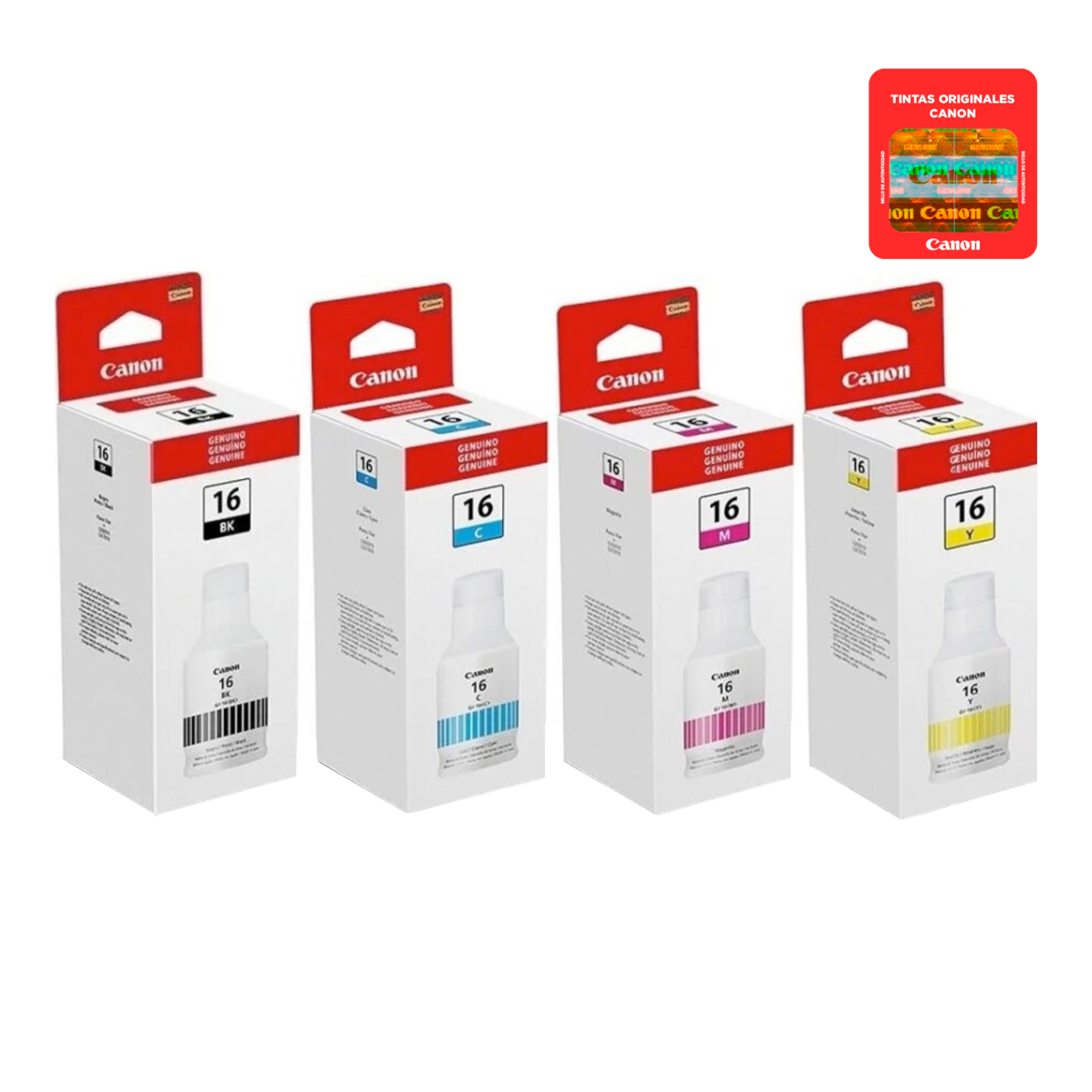 Pack 4 Botellas de Tinta Canon Negro Cian Magenta Amarillo G-16 - Imagen 2