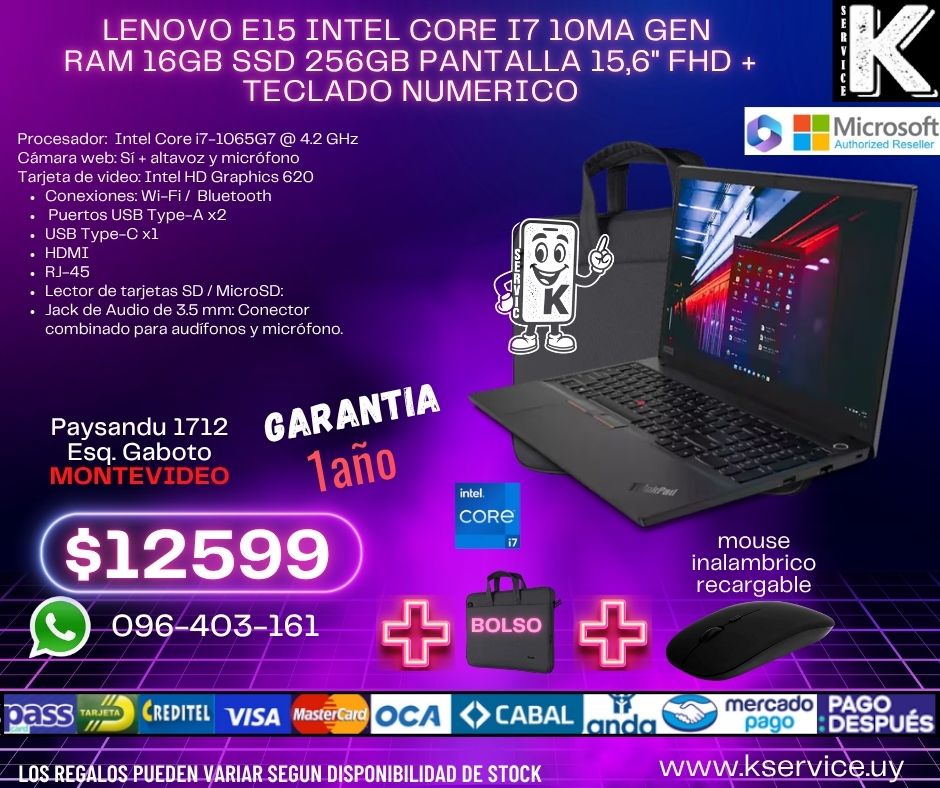 lenovo E15 INTEL CORE I7 10ma gen Ram 16Gb Ssd 256Gb pantalla 15,6" Fhd + teclado numerico