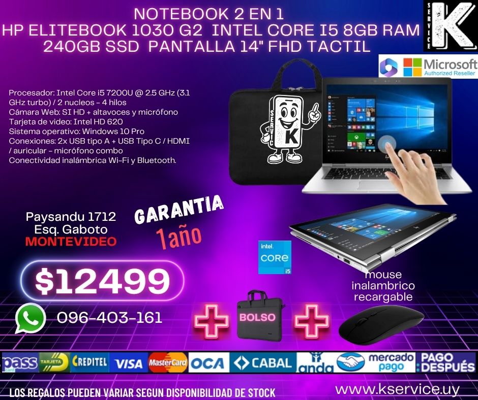 Notebook 2 en 1 HP EliteBook 1030 G2 Intel Core i5 Ram 8Gb Ssd 240Gb Pantalla 14" Fhd Tactil